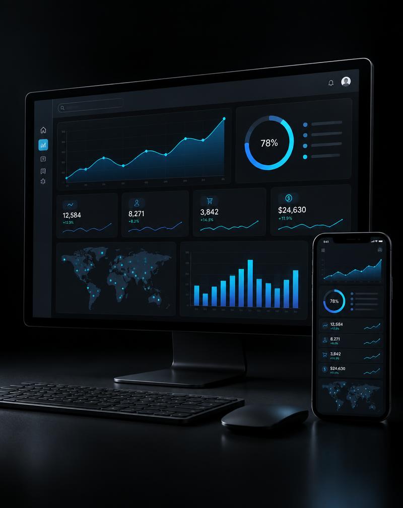 Conceito de painel de dados em computador e celular