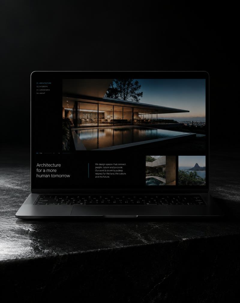 Conceito de site institucional exibido em um notebook preto